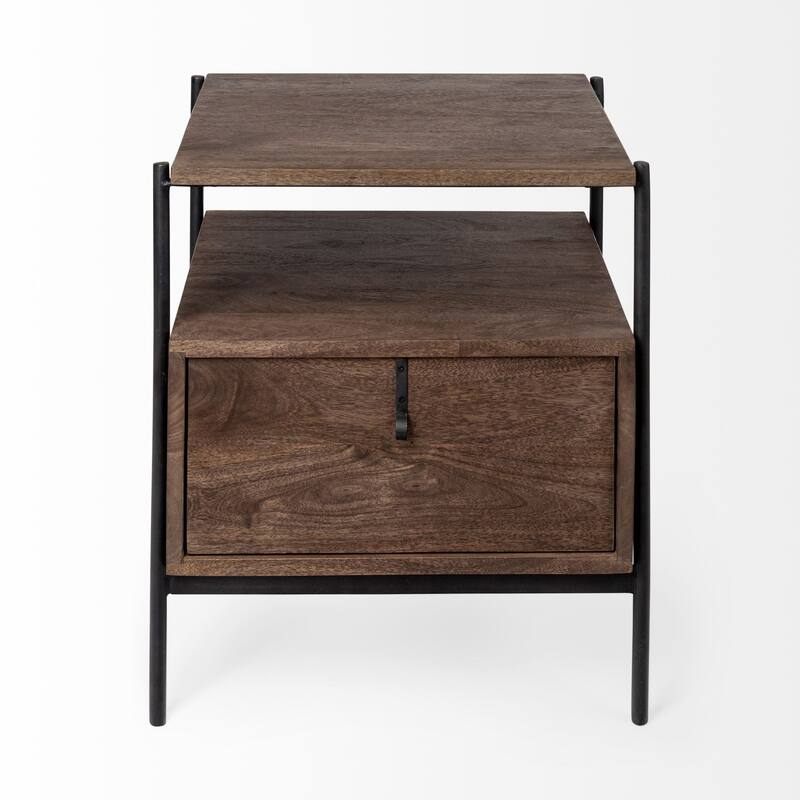 Glenn I Square Dark Brown Wood and Iron Black Frame Side Table