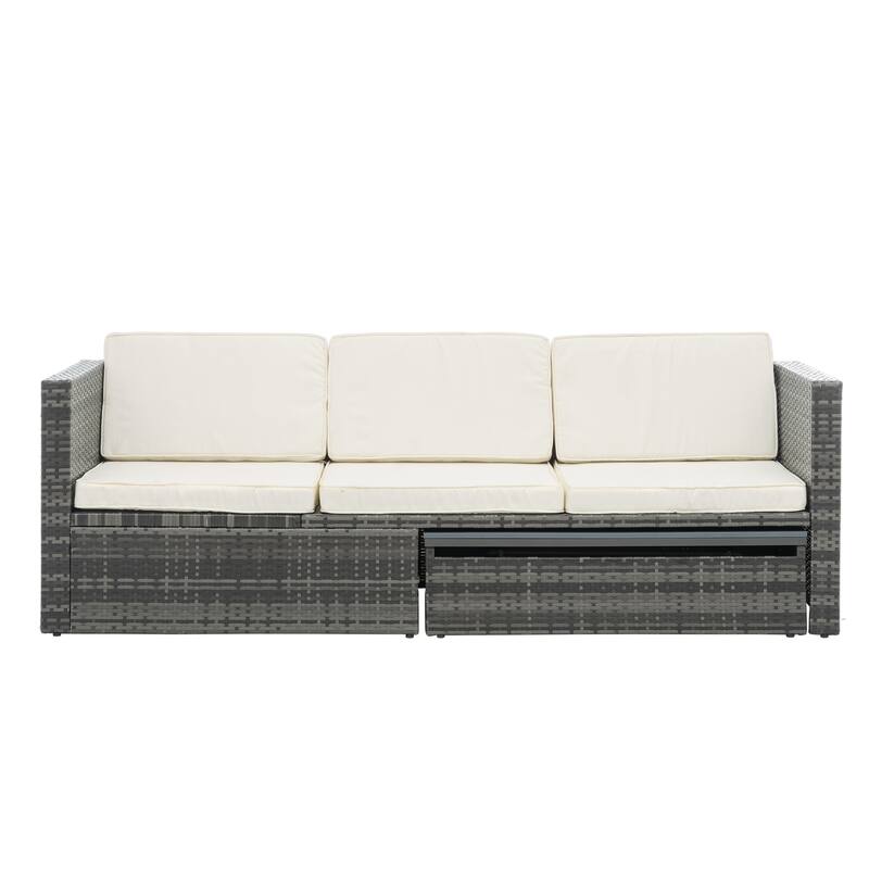 5 Piece Outdoor PE Wicker Sofa Set, Patio Conversation Furniture Set with Lift TOP Coffee Table and Lounger Sofa