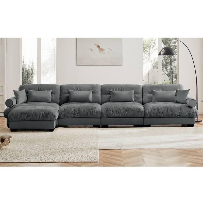 L-shaped Convertible Velvet Sectional Cloud Sofa with Ottoman & Pillows -  Grey