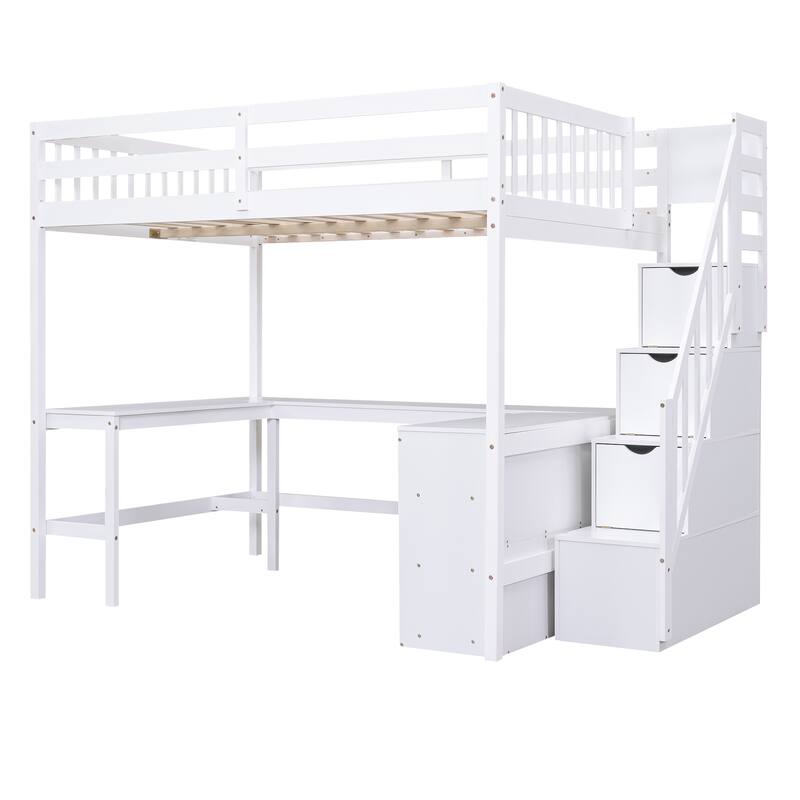 Full Size Loft Bed with L-Shaped Desk, Storage Shelves, and Staircase, White