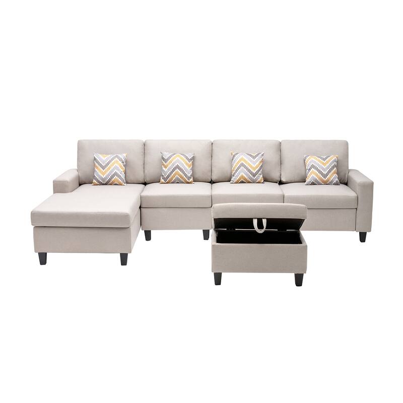 Linen Fabric 5 Piece Reversible Sofa Chaise with Interchangeable Legs, Storage Ottoman, and 4 Pillows in Beige