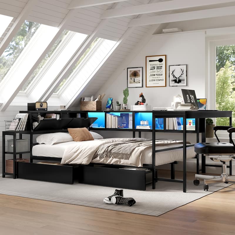 Full/Twin Corner Bed Frame with Bookcase, 2 Storage Drawers, LED Light & Charging Station