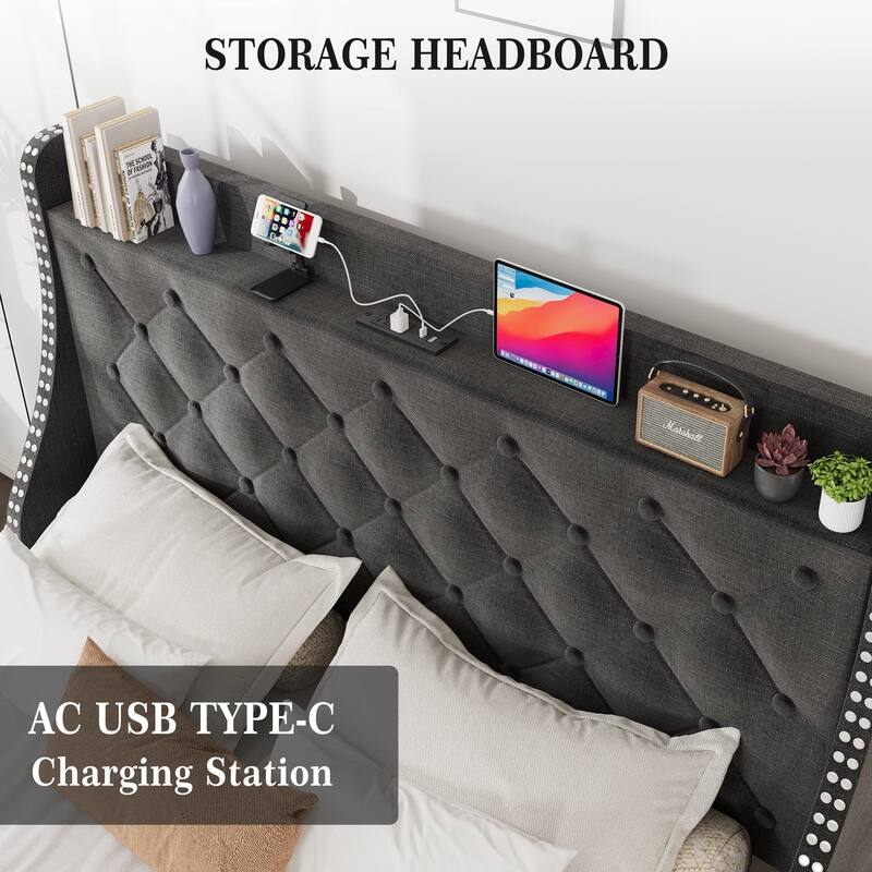 Bed Frame with 4 Storage Drawers and Headboard
