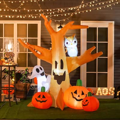 HOMCOM 7.5' Outdoor Tree and Ghost Inflatable Halloween Decoration with Wise Owl and Jack-o'-Lanterns