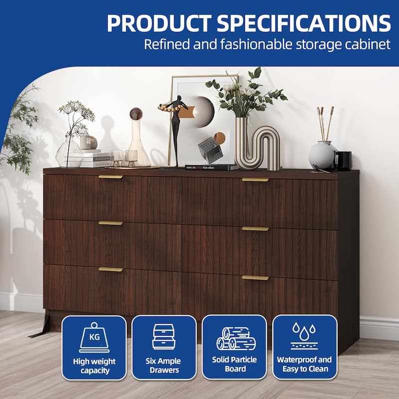 47" Wide Fluted 6 Drawers Dresser, Curved Profile Design Dresser