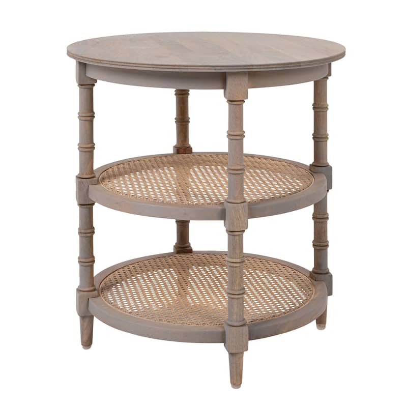 Round Mango Wood Table with 2 Cane Shelves