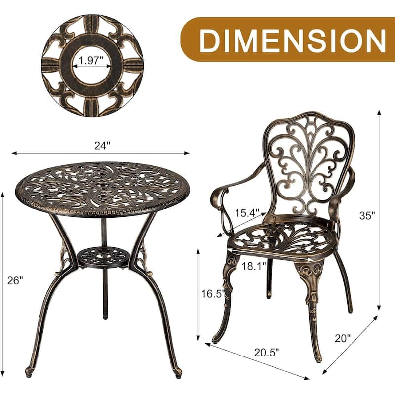 3 Piece Outdoor Bistro Set, Cast Aluminum Patio Table and Chairs Set of 2 with Umbrella Hole
