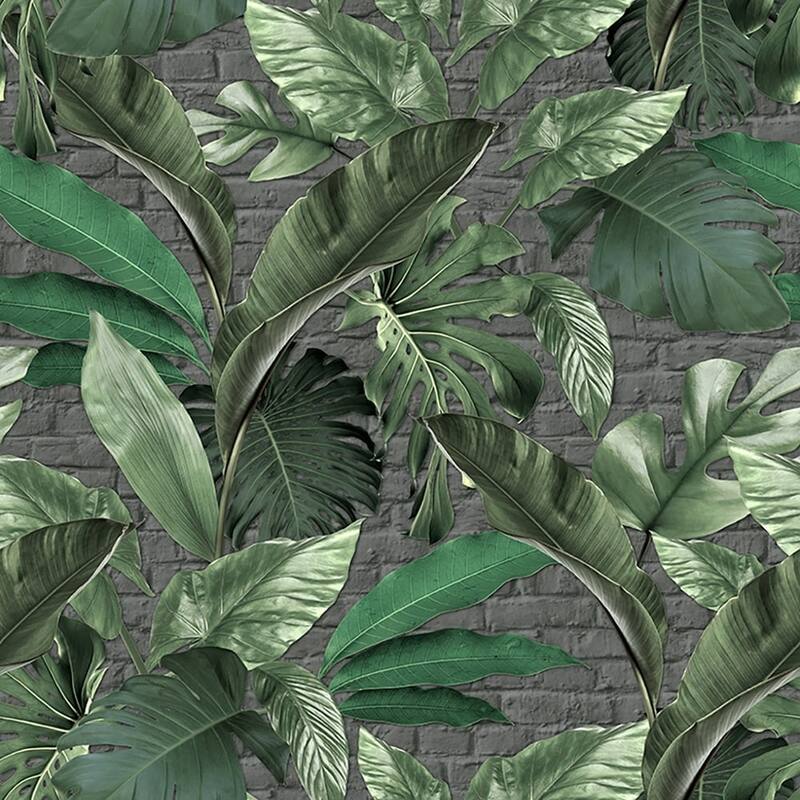 Galerie Wallcoverings The Loft Collection Tropical Leaf Brick 3-Panel Wall Mural - 8.8-feet high x 62.5-inches wide - Grey