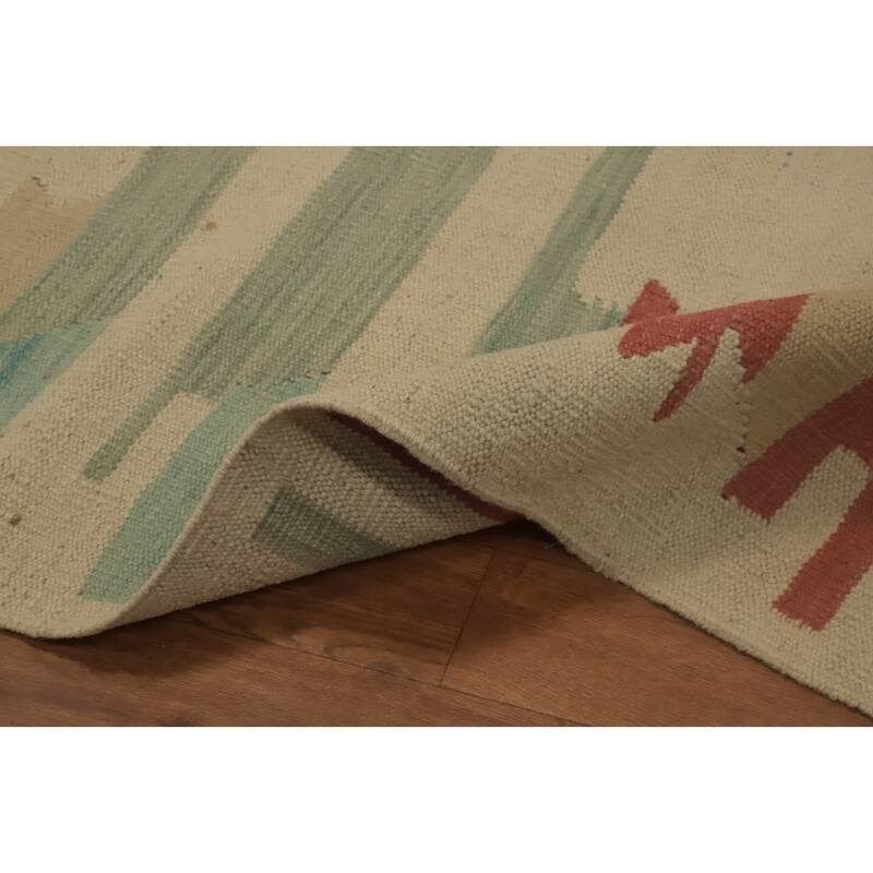 Hand Woven Oriental 100% Wool Carpet Southwestern Geometric Beige & Ivories Kilim Runner Rug - 9' 7'' X 2' 4''