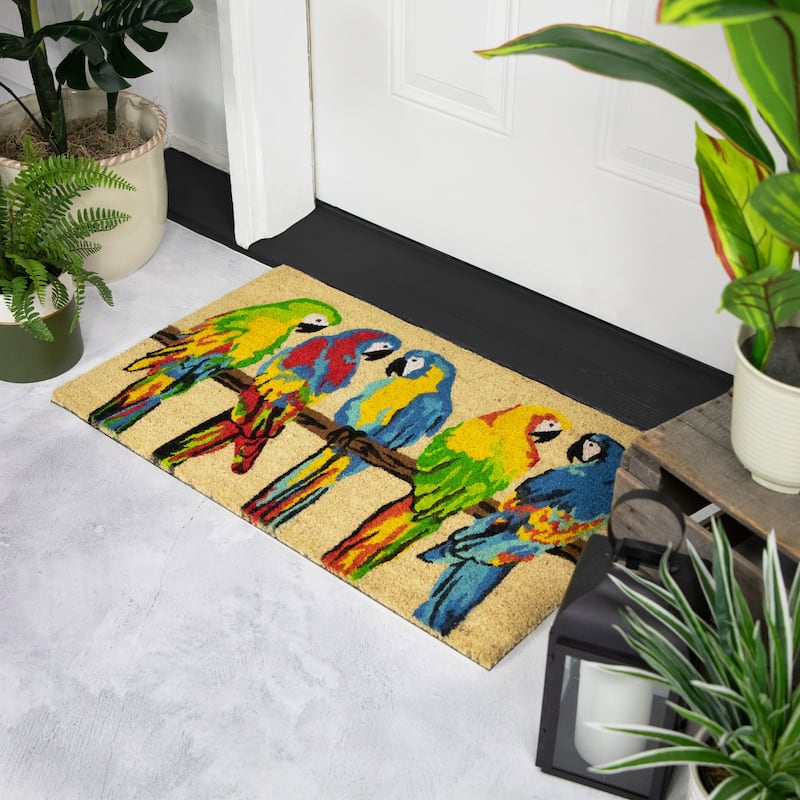 Toffee and Multicolor Parrots Coir Outdoor Doormat 18" x 30" - 18