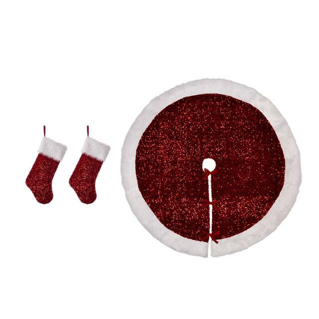 Glitzhome 48"D Sequin Christmas Tree Skirt - Red Stocking*2&Red TreeSkirt*1