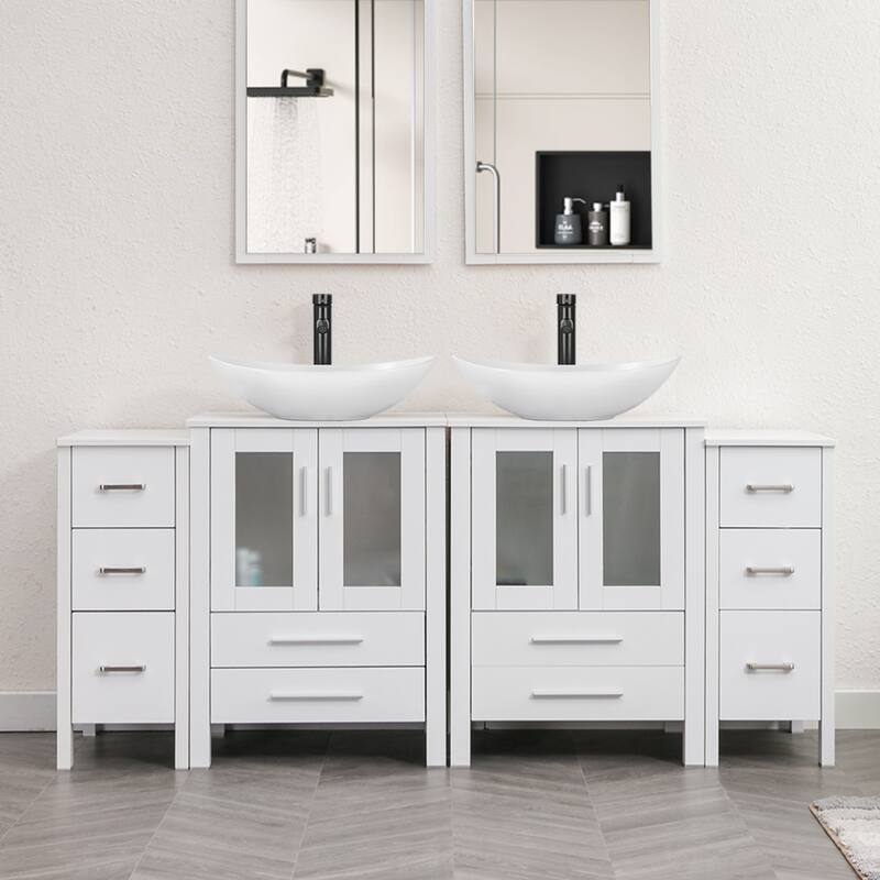 72" Bathroom Vanity Set Glass Ceramic Vessel Sink Side Cabinet Combo