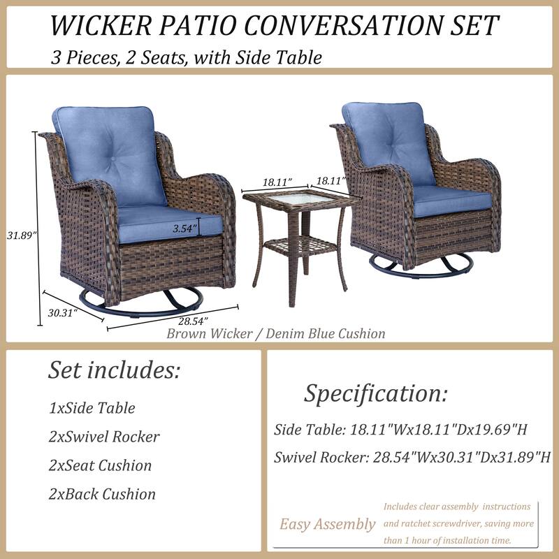 3 Piece Outdoor Patio Conversation Wicker Furniture Swivel Chairs Sets