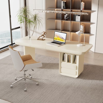 70.87" Beige Writing Desk, with 4 Drawers, Retangular Shaped, Round edges for Meeting Room