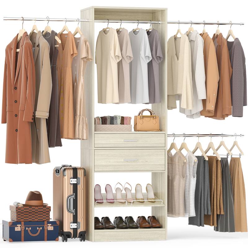 69-96" W Adjustable Closet System with 2 Wooden Drawers and 2 Hanging Rods,Closet Organizer with Shoe Rack for Walk-in/Reach-in