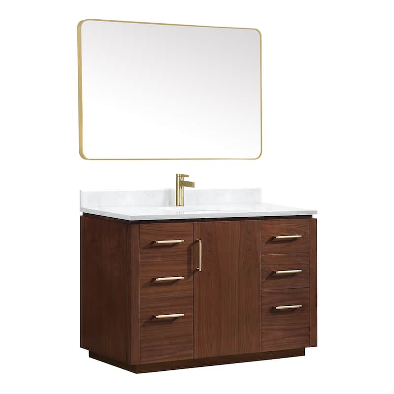 San Single Bath Vanity with Composite Stone Top and Mirror - 48in. - Natural Walnut