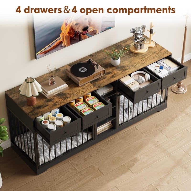 Wooden Dog Cage Crate Furniture TV Stand Large Dog Kennel with 4 Drawers and Shelves for 2 dogs