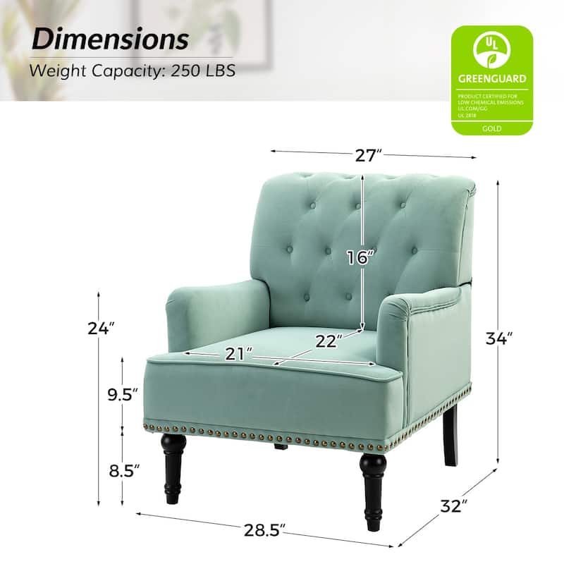Geltrude Transitional Upholstered Button Tufted Club Chair with turned wooden Legs by HULALA HOME
