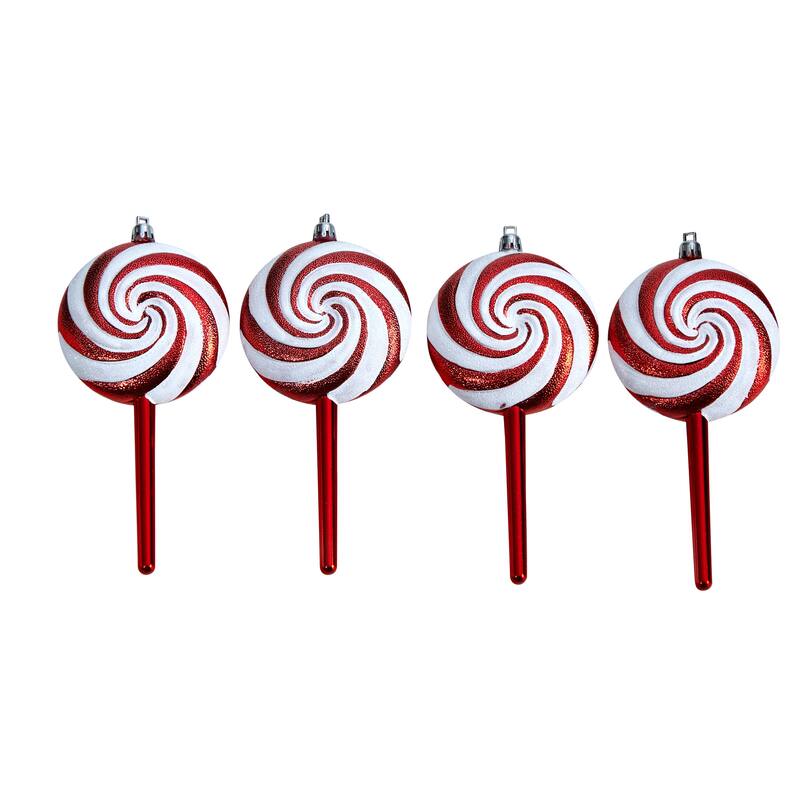 4ct White and Red Shatterproof 2-Finish Christmas Candy Ornaments 7"