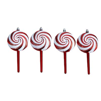 4ct White and Red Shatterproof 2-Finish Christmas Candy Ornaments 7"
