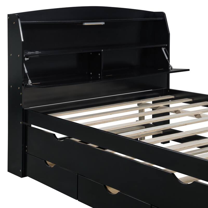 Full Size Wooden LED Platform Bed with Trundle, Storage Headboard Modern Floor Standing Bed Frame with Drawers