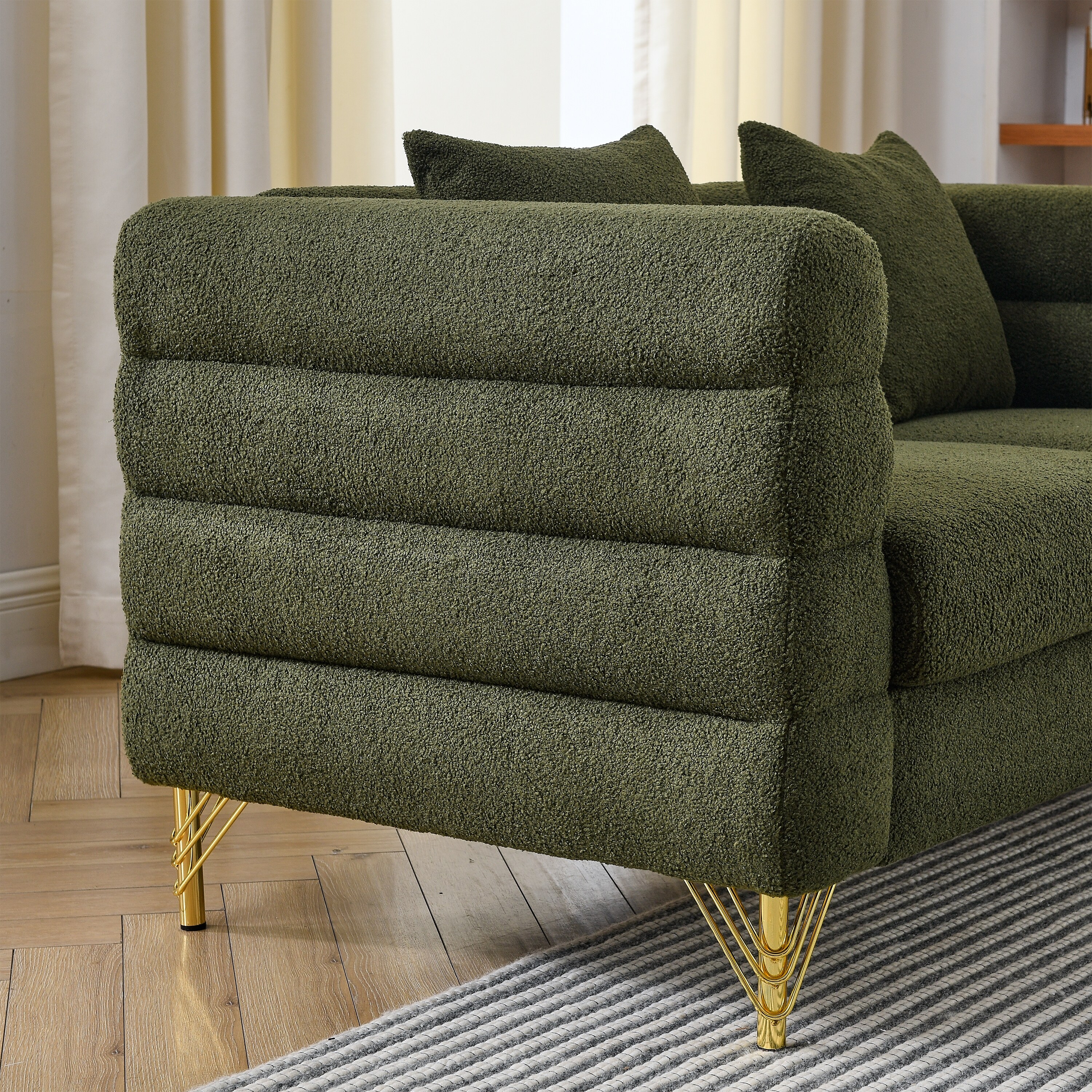 L shaped Sectional Corner Sofa Oversized 5 seater Teddy Fabric Couch Green