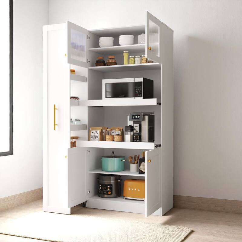 Kitchen Pantry Cabinet with Expandable Pull-Out Shelves, Farmhouse Storage Cabinet with 4 Doors and Organizers