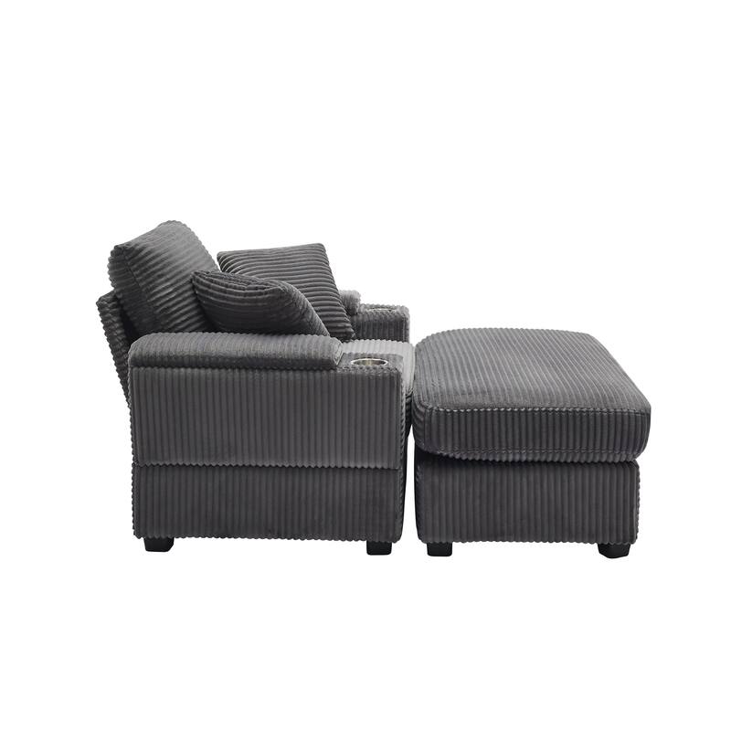 Corduroy Upholstered Chaise Lounge with Movable Ottoman, Living Room Storage Sofa Chair with Cup Holder, Detachable Cushions