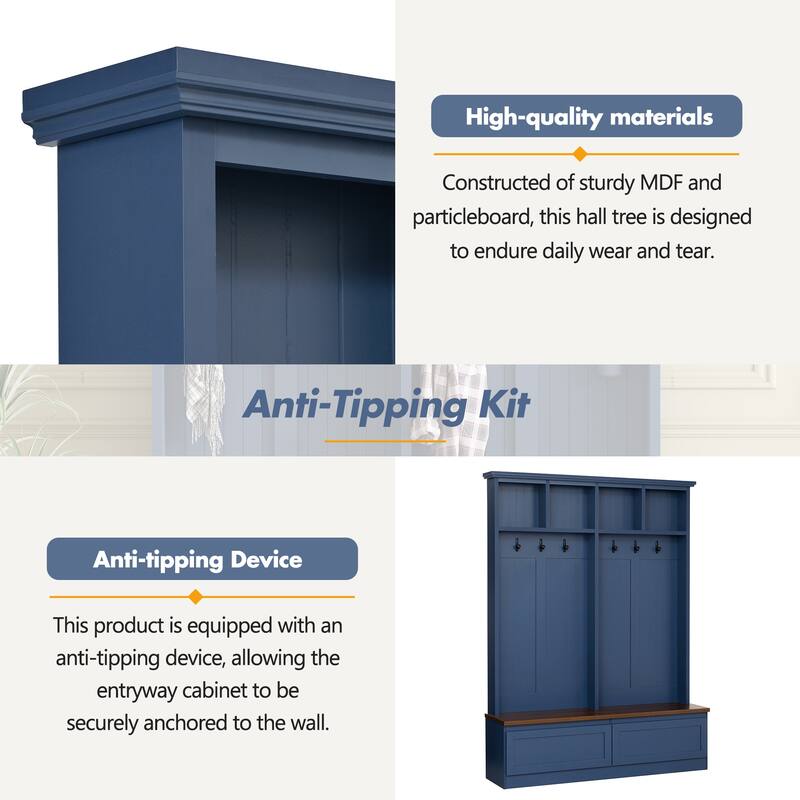 Farmhouse Wood Hall Tree with Shoe Bench and 2 Large Drawers, 4-in-1 Coat Rack with 6 Hooks