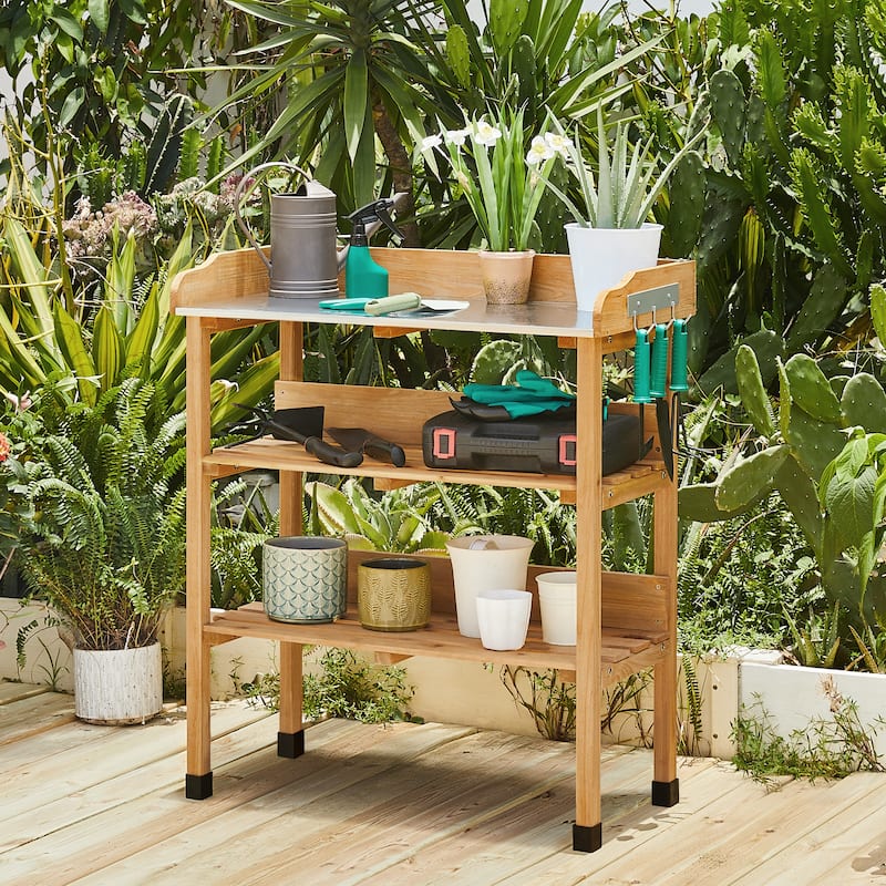 Yaheetech Outdoor Potting Bench Table Wooden Potting Station with Storage Shelf and Hook - Yellow