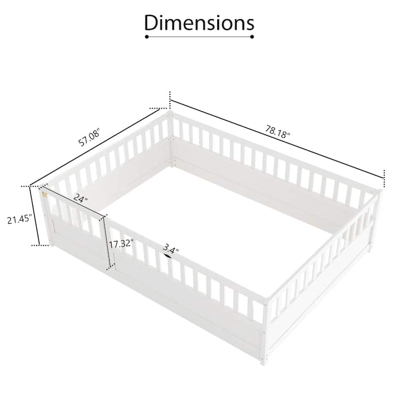 Full Size Pine Wood Floor Bed, Integral Construction with Super High Security Barrier, Door, Children's Floor Bed Frame