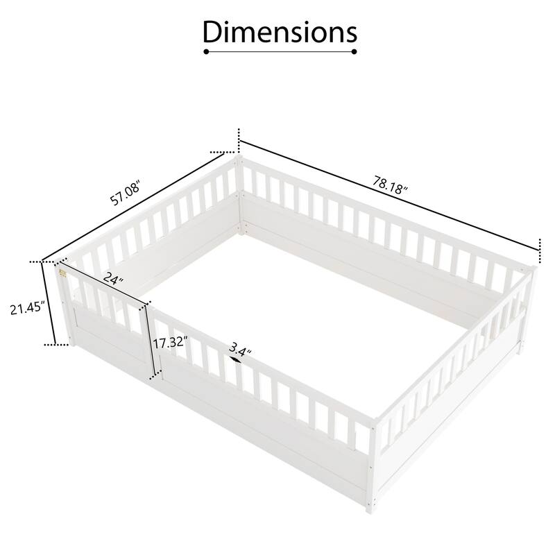 Twin/Full Size Montessori Floor Bed with High Guardrails and Door, Solid Wood Frame