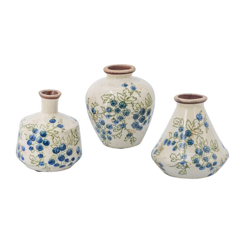 S/3 White Ceramic Mini Vases With Blue Berry Motif