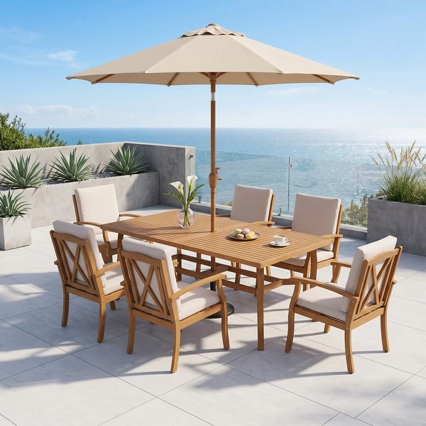 faux wood dining set patio umbrella 7-Piece Premium Eucalyptus Wood Outdoor Dining Furniture Set with Curved Leg Table & Umbrella Hole