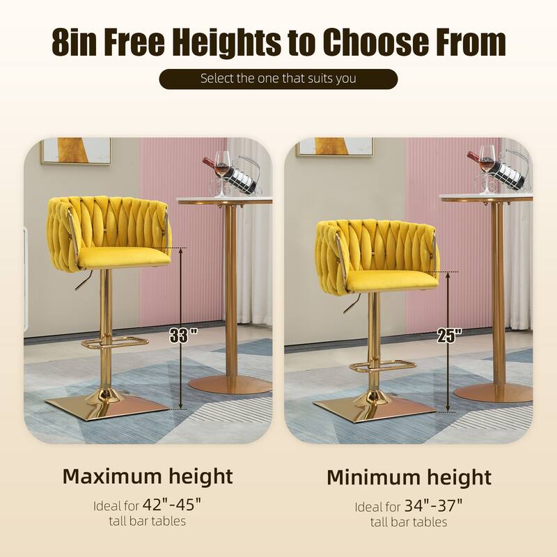 Velvet Upholstered Swivel Adjustable Height Bar Stools With Metal Footrest（set of 2）