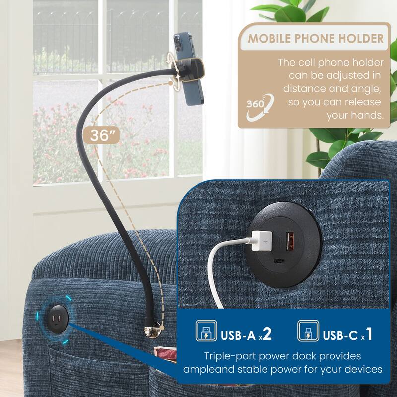 108 Inch Modular Chenille Sectional Sofa with USB and Type-C Ports, Phone Holders, Side Storage Pockets, Movable Ottoman
