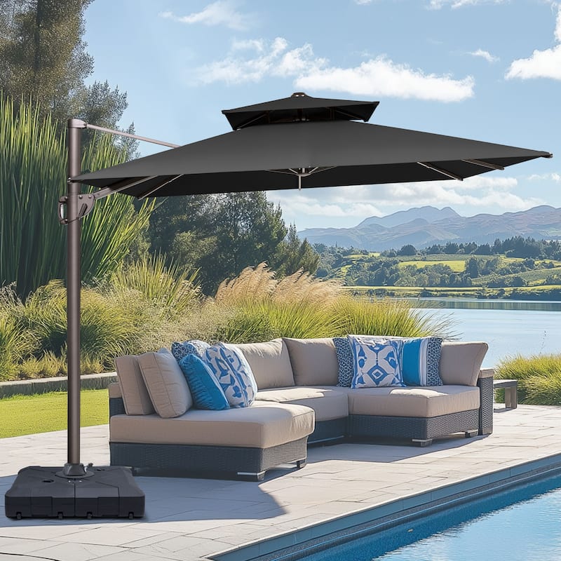9 FT x 12 FT Outdoor Patio Dual Top Umbrella Cantilever Offset with Base