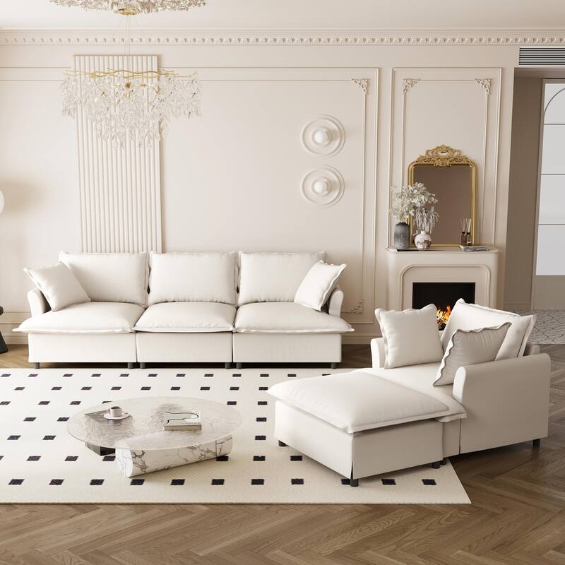 3-Piece Chenille Modular 5-Seat Sectional Set with Ottoman & Spring Cushions - Beige