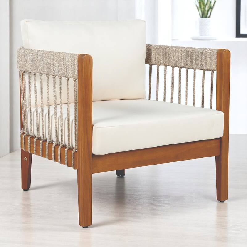 Outdoor Lounge Chair with Cushions, Acacia Wood Frame & Handwoven Rope, All-Weather Tub Chair with for Patio, Deck, or Garden