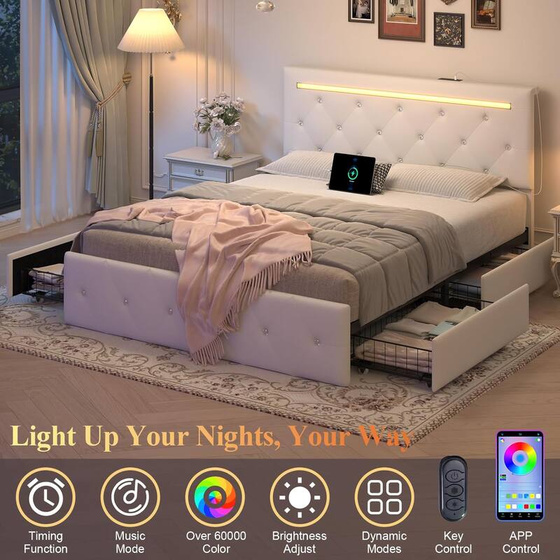 Queen Size Bed Frame with LED Light and Storage Drawers, PU Upholstered Bed Frame with Adjustable Headboard, Charging Station