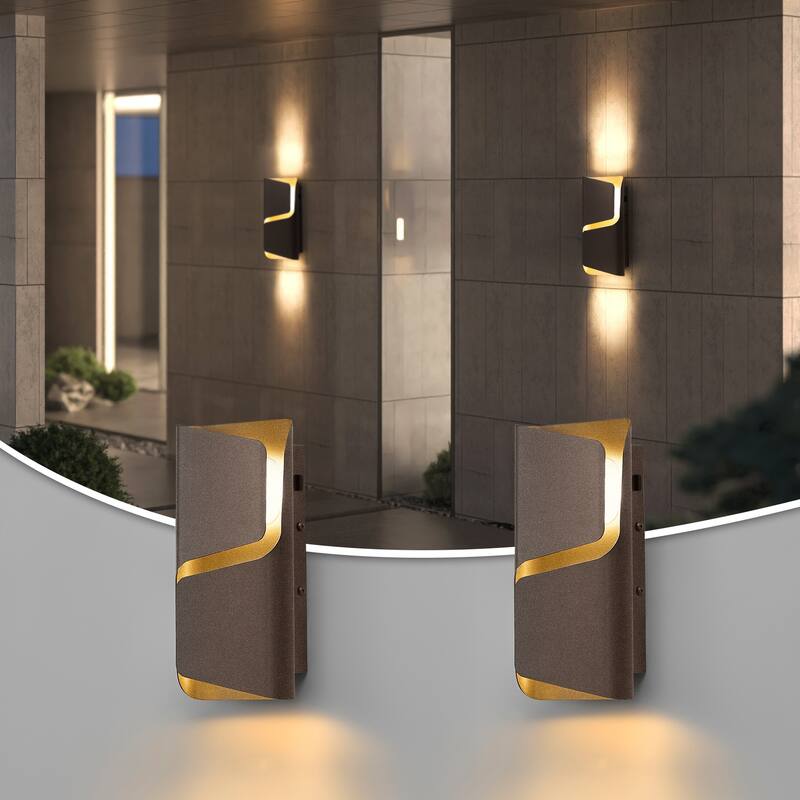 2-Pack Modern LED Outdoor Wall Sconce, 3CCT, IP44 Waterproof - 6.3'' W × 2.8'' D × 12'' H