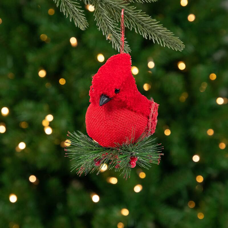 6.5" Red Burlap Cardinal with Pine Needles Berries Christmas Ornament