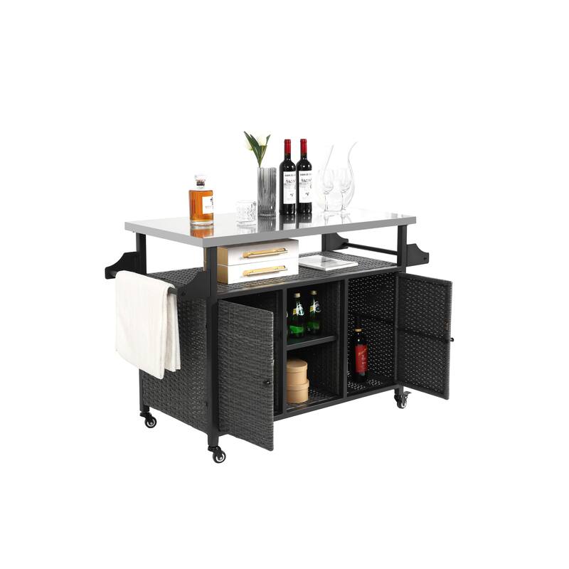 Large bar cart,Outdoor Kitchen Wicker Island Rolling Cart & Storage Cabinet, Wheels and Stainless Steel Extended Table Top