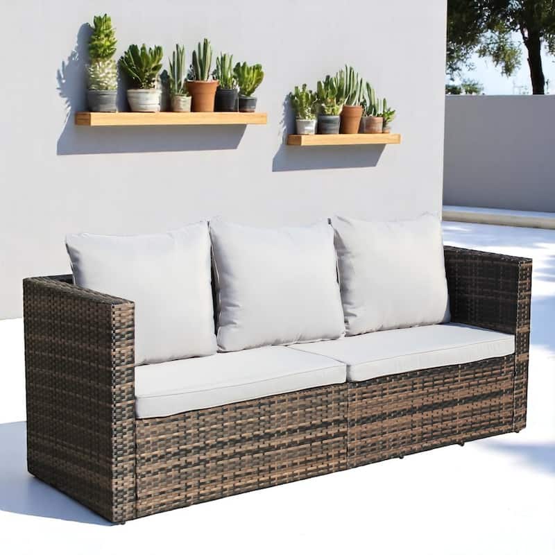 4-Piece Outdoor Patio Furniture Set, PE Rattan Sectional with 3-Seat Sofa, Armchair, Ottoman, and Tempered Glass Coffee Table