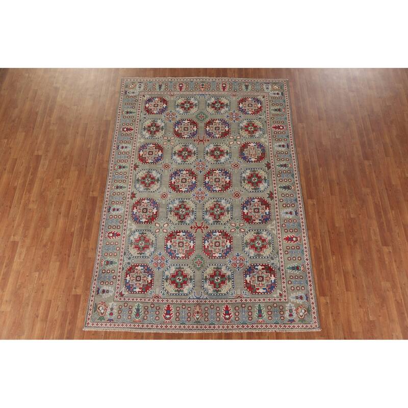 Hand Knotted Oriental 100% Wool Carpet Traditional All-Over Green Kazak Area Rug - 9' 10'' X 6' 7''