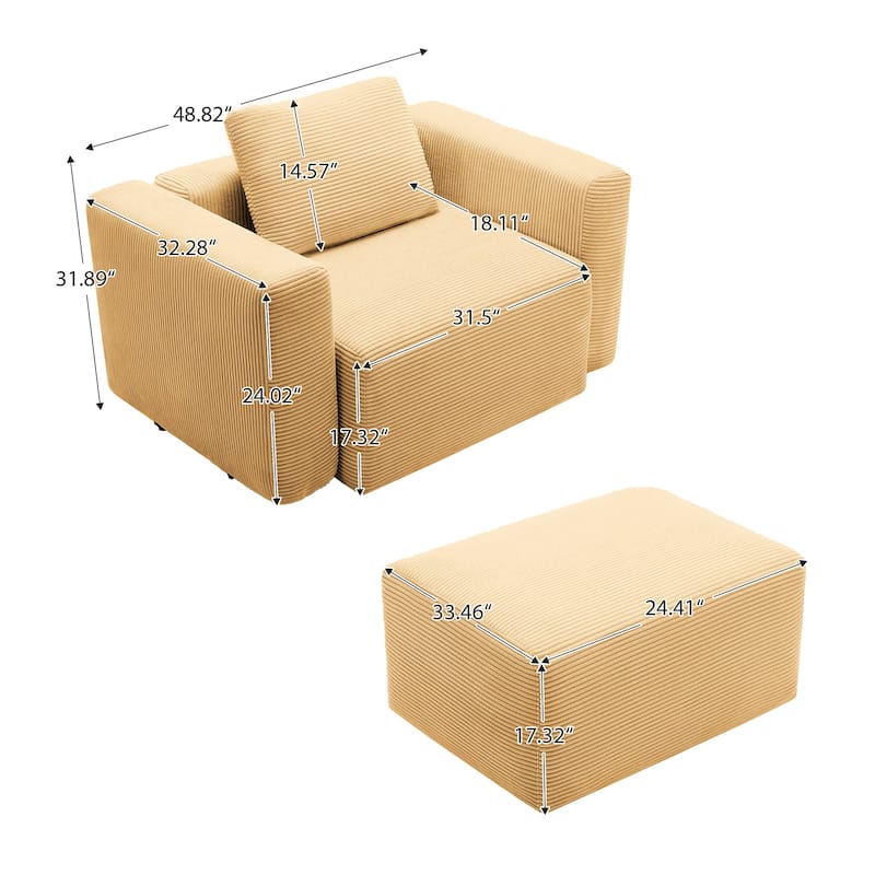 Corduroy Sectional Modular Sofa with Square Arms & Ottoman Extension for Flexible Arrangements