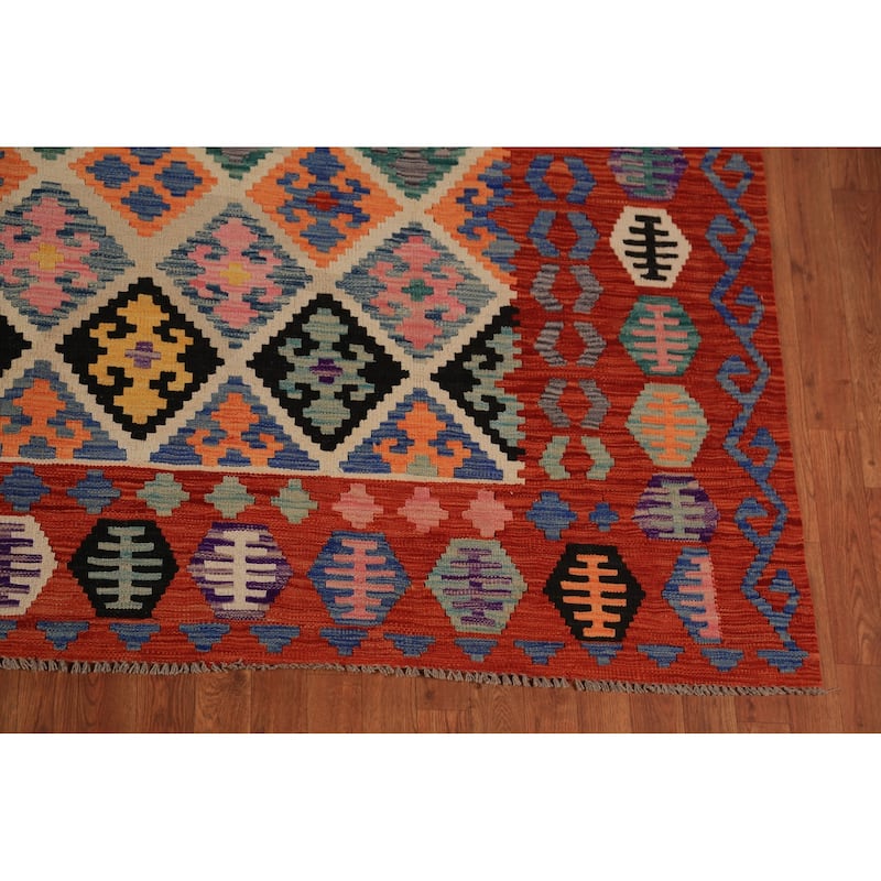 All-Over Trellis Kilim Oriental Area Rug Flatweave Wool Carpet - 8'6"x 11'9"