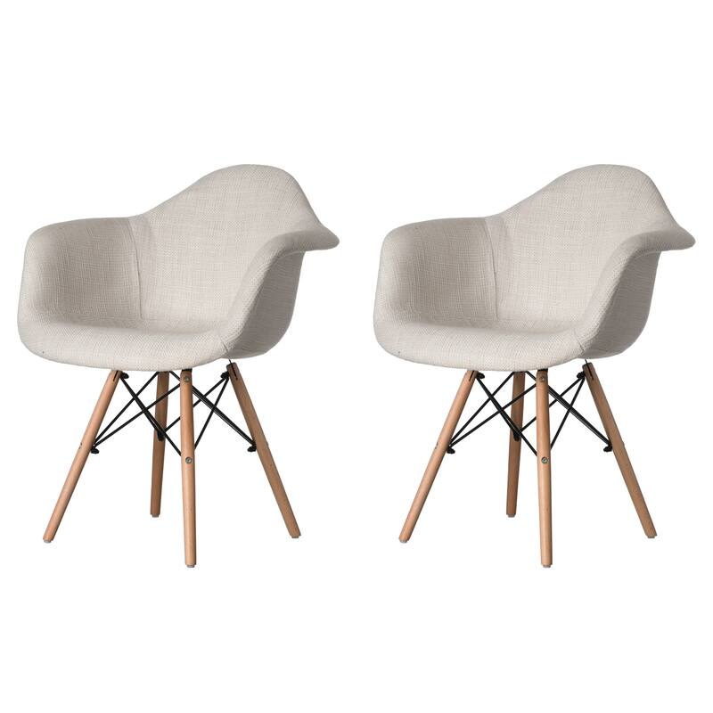 Mid-Century Modern Style Fabric Lined Armchair with Beech Wooden Legs - White Set of 2 