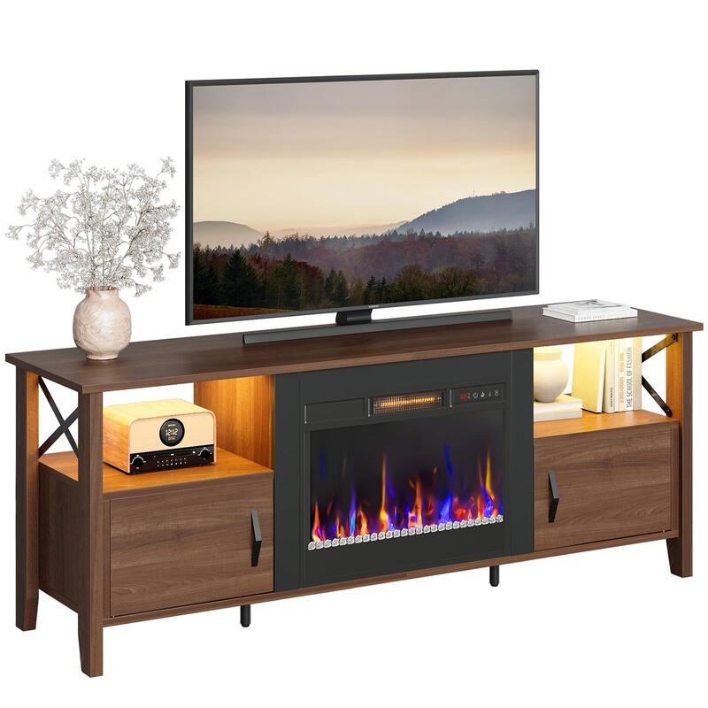 Bestier TV Stand, LED Media Console with Storage, with Electric Fireplace and LED and Adjustable Storage Cabinet