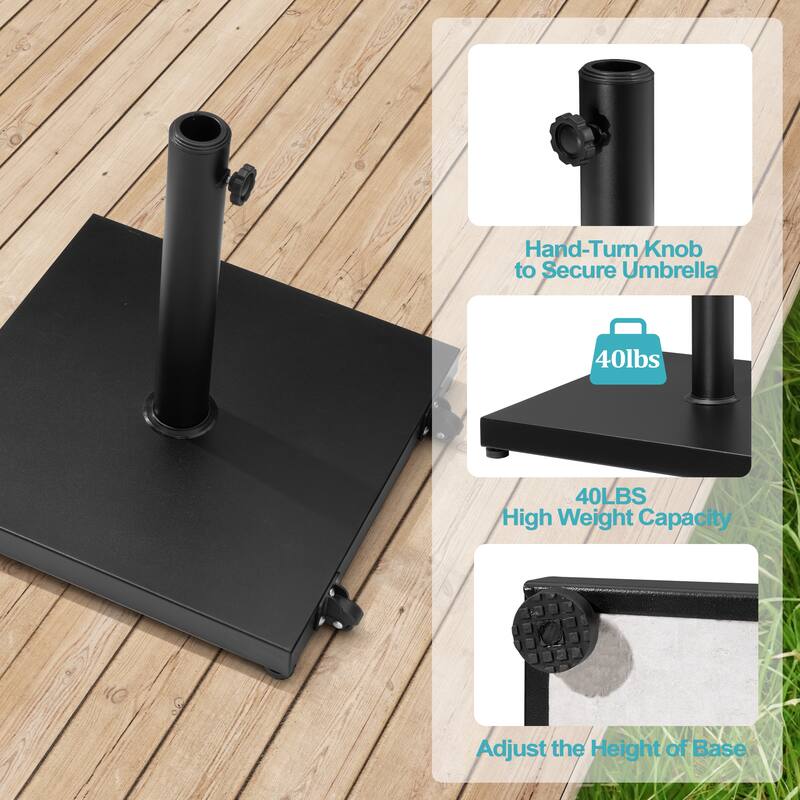 Set of 9 Outdoor Patio Dining Set WoodLike Aluminum Umbrella Hole Table with Rattan Chairs, Market Umbrella and Wheel Base